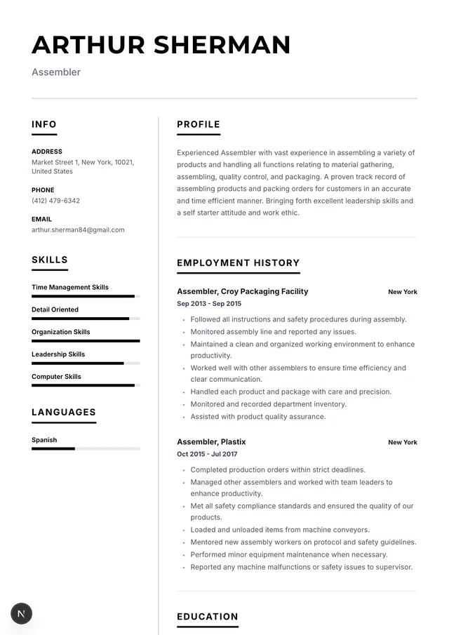 Assembler resume example