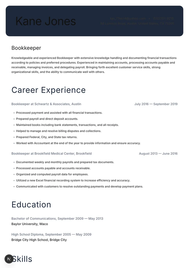 Bookkeeper resume example