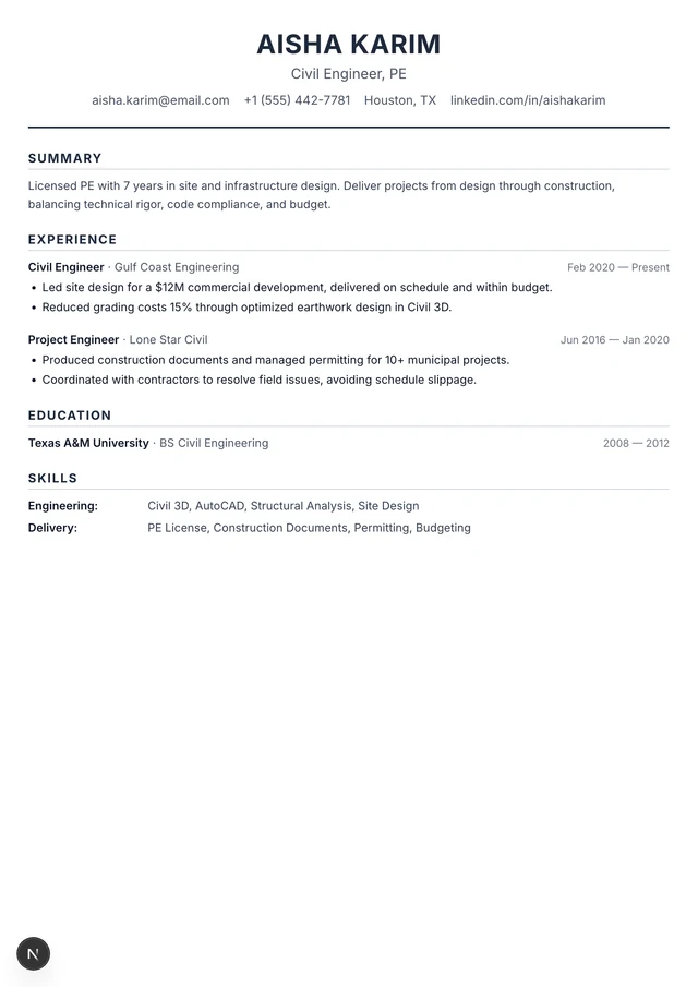 Civil Engineer resume example