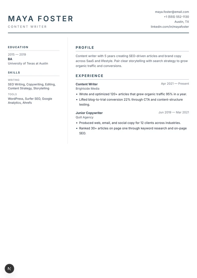 Content Writer resume example