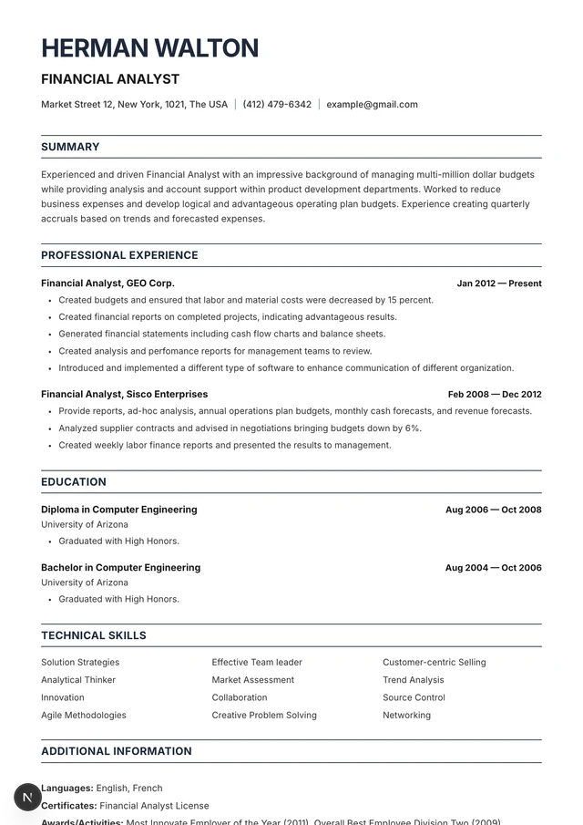 Corporate Financial Analyst resume example