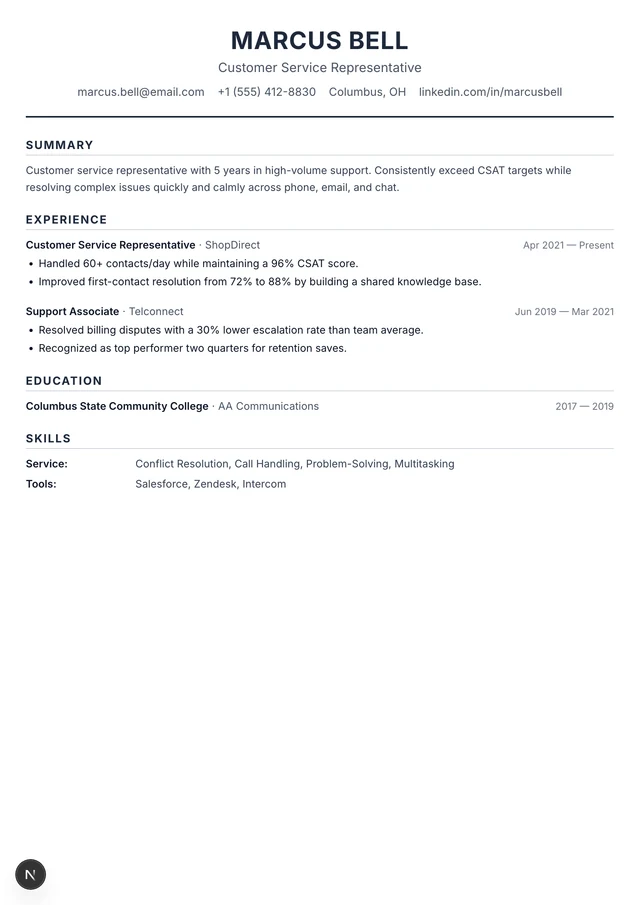 Customer Service Representative resume example
