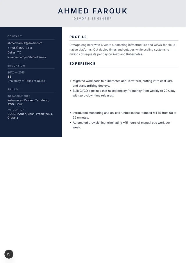 DevOps Engineer resume example