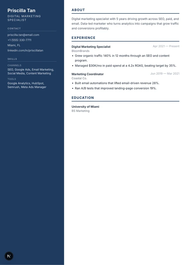 Digital Marketing Specialist resume example