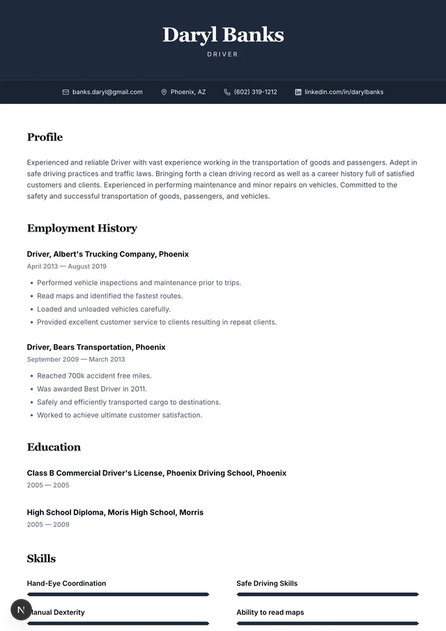 Driver resume example