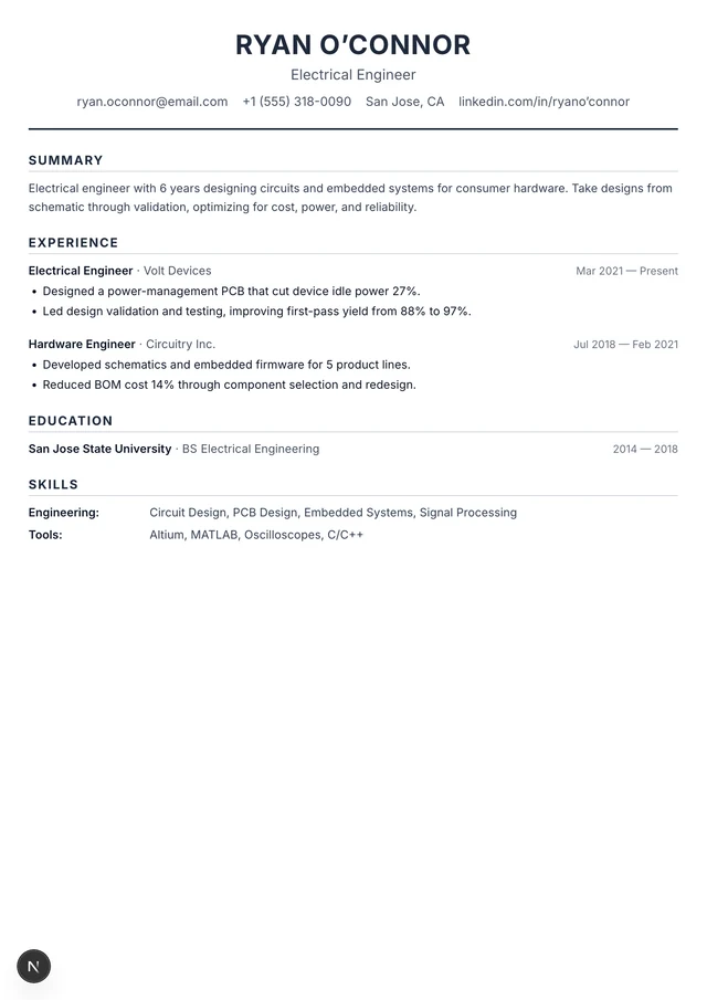 Electrical Engineer resume example