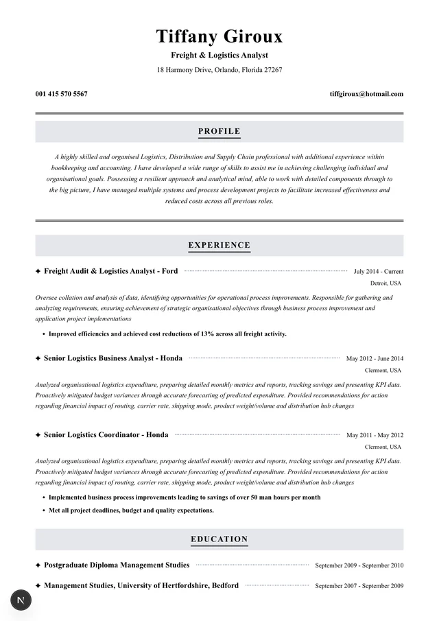 Freight & Logistics Analyst resume example