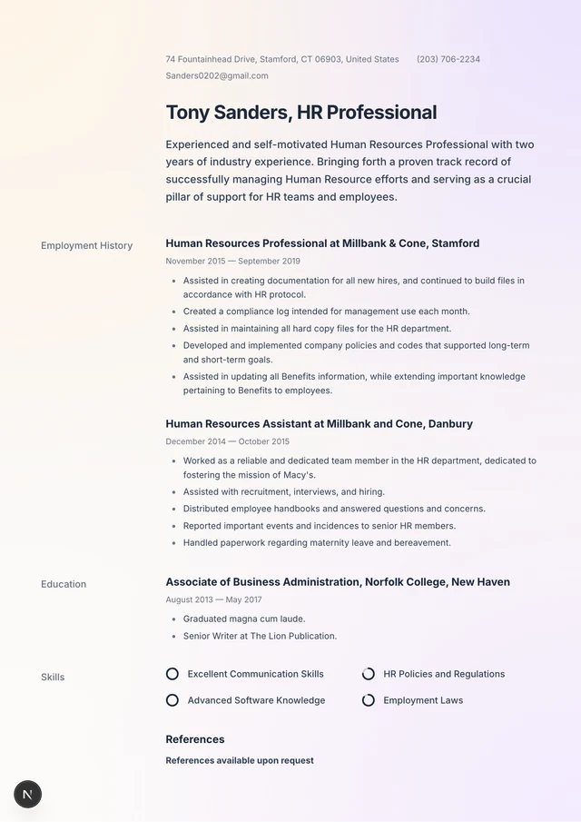 HR Professional resume example