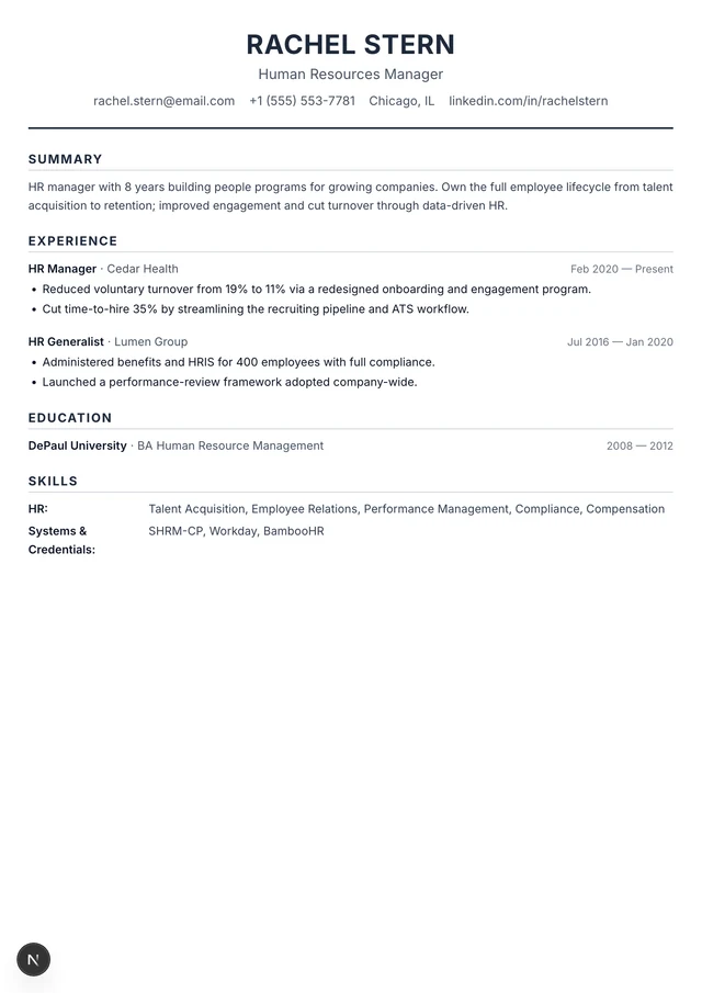 Human Resources Manager resume example