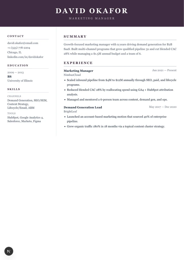 Marketing Manager resume example