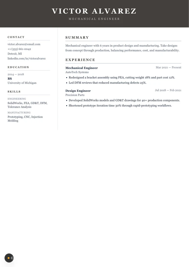 Mechanical Engineer resume example
