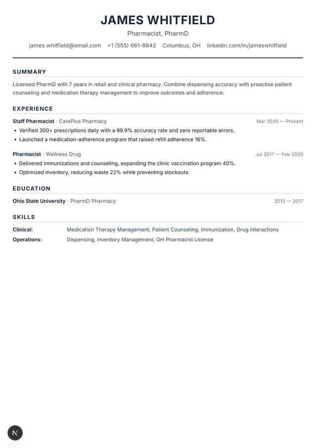 Pharmacist resume example