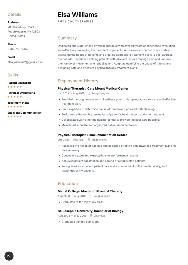 Physical Therapist resume example