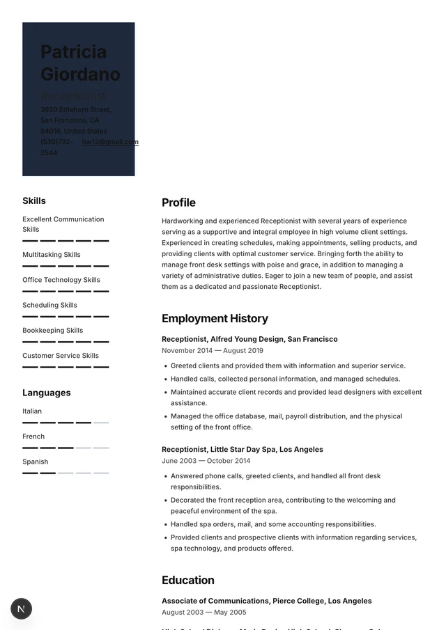 Receptionist resume example