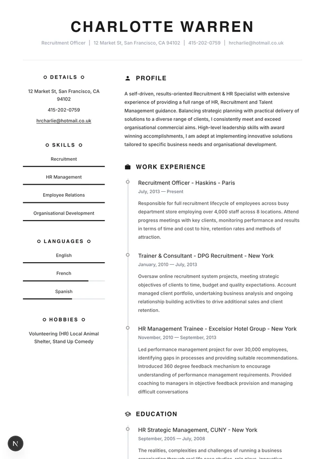Recruitment Officer resume example