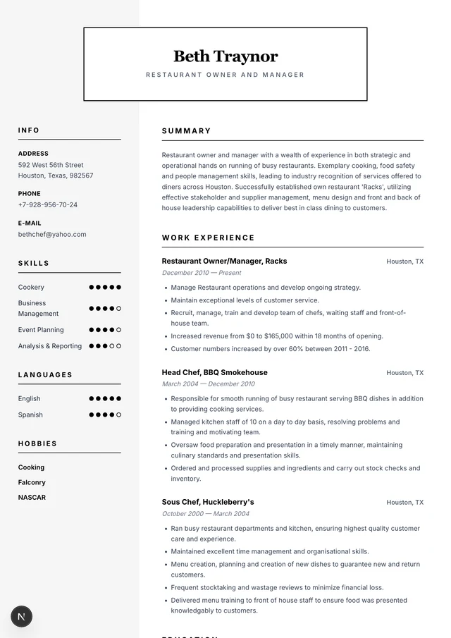 Restaurant Manager resume example