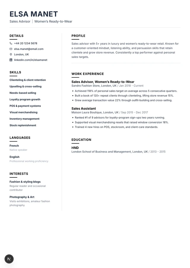Sales Advisor resume example