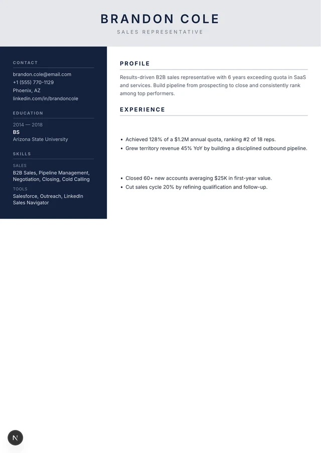 Sales Representative resume example