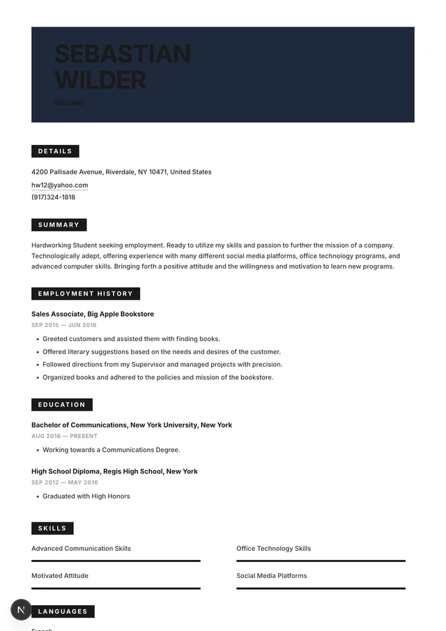 Student resume example