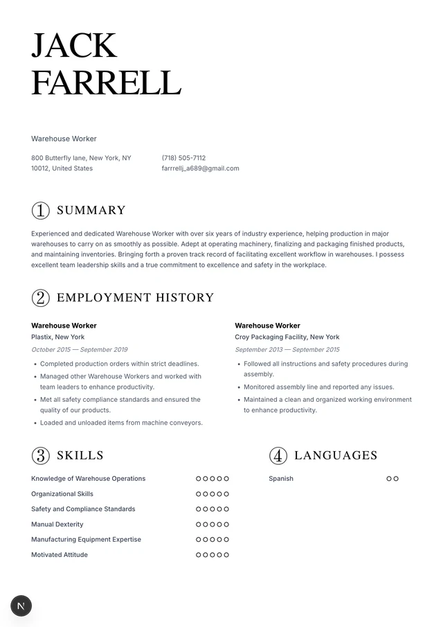 Warehouse Worker resume example