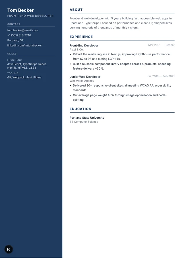 Web Developer resume example