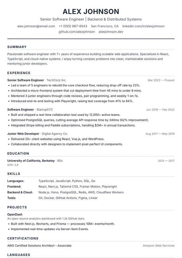 A finished resume in the default template, showing its typography and spacing
