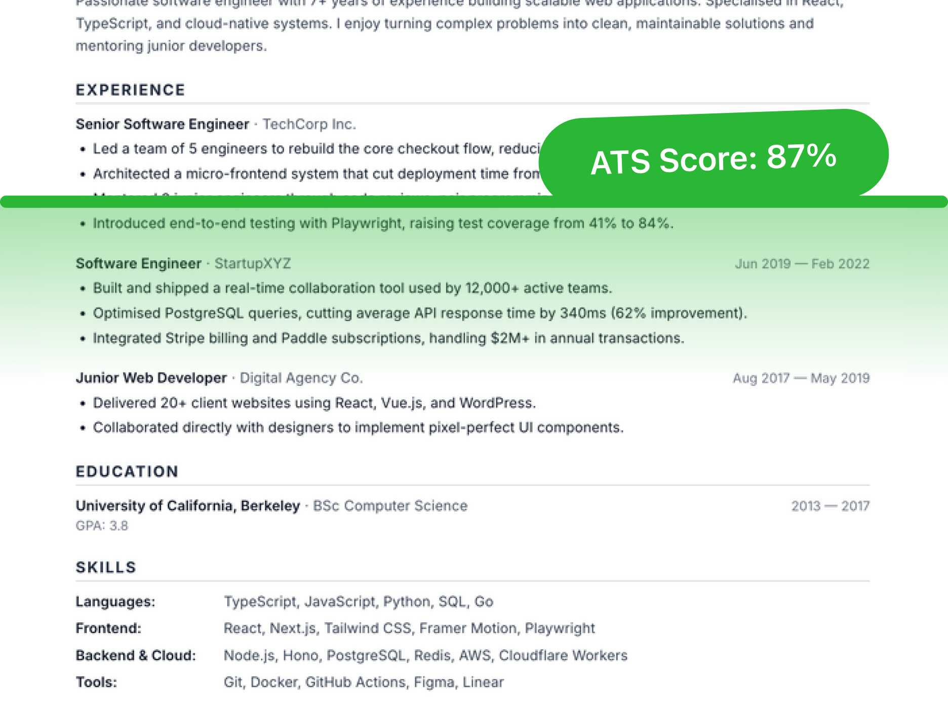 A resume being scanned for ATS compatibility, with a green scan line and an ATS score of 87 percent