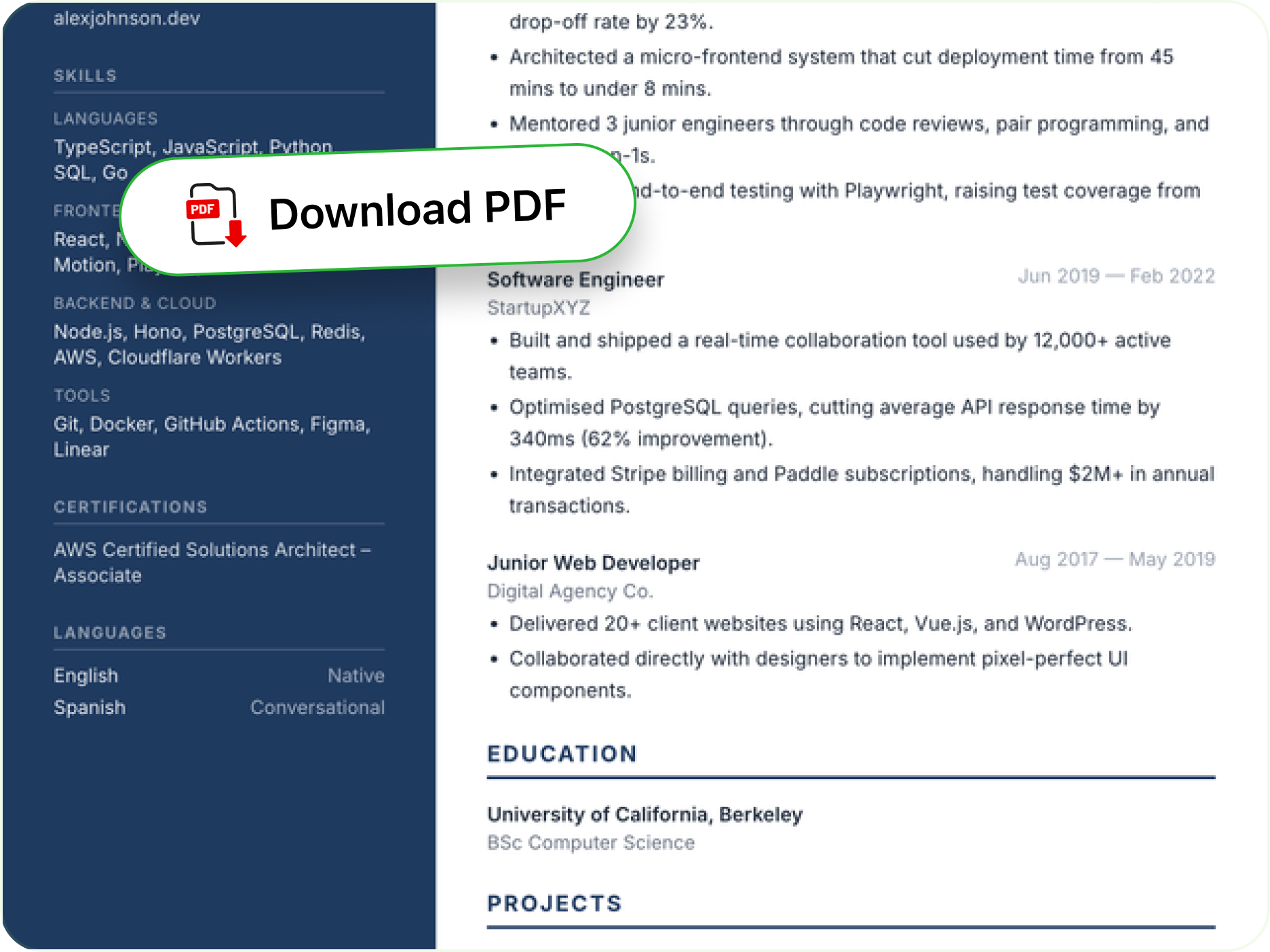 A finished resume with a floating Download PDF button, ready to export