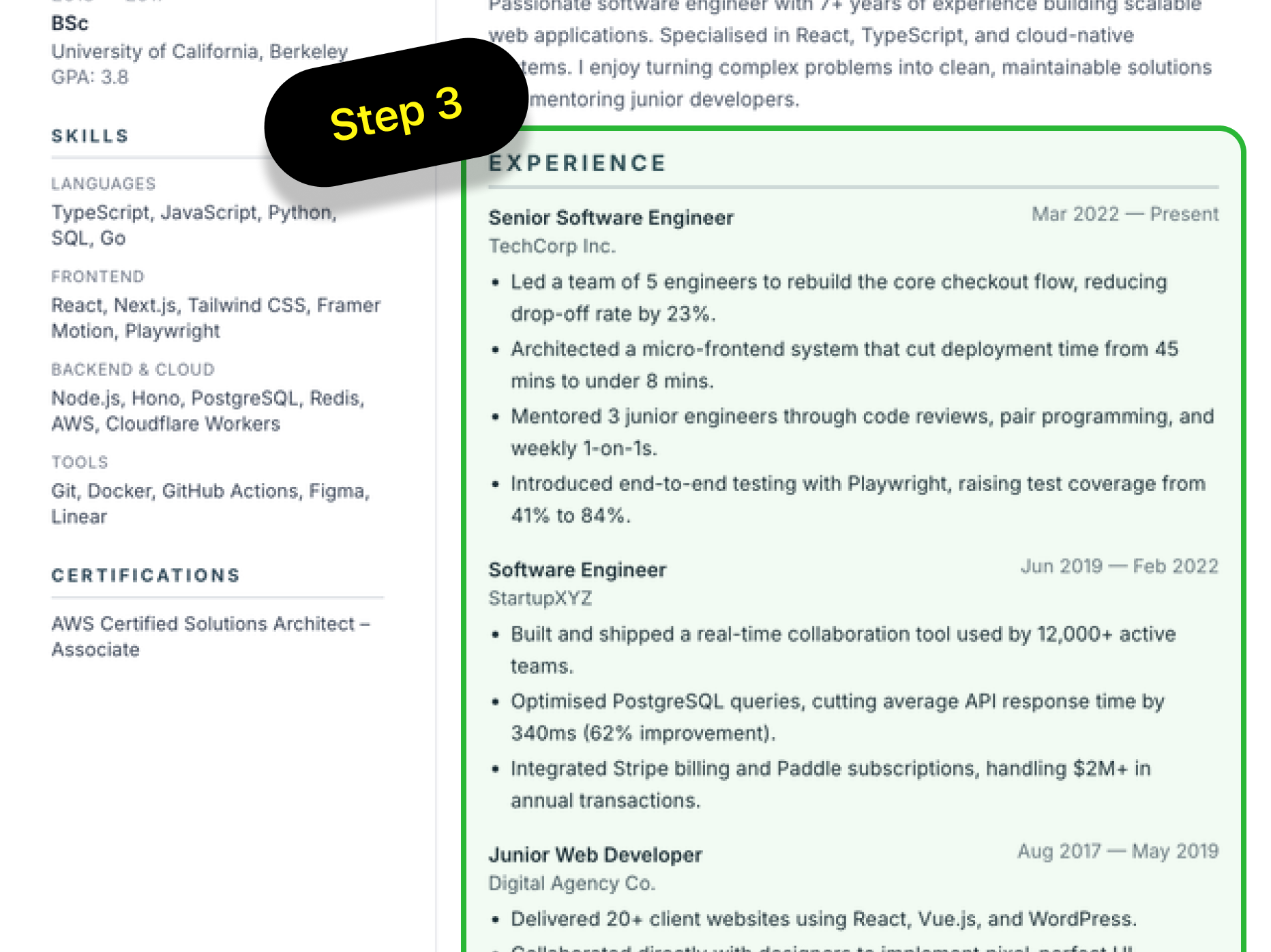 The atscvmaker editor: the Experience section of the resume is highlighted while a tooltip marks it as step three